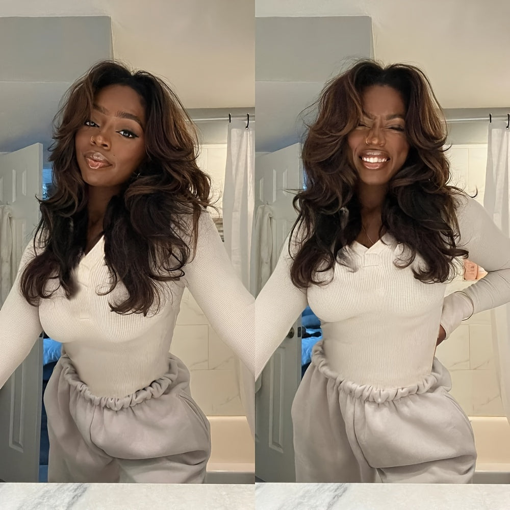 Basics Style Unisex-Adult Body Wave Lace Wig | Pre-Plucked 4x4 Transparent Swiss Lace | 180% Density Brazilian Human Hair | Long Layered Wavy Wig with Curtain Bangs | Suitable for All - 28 Inch