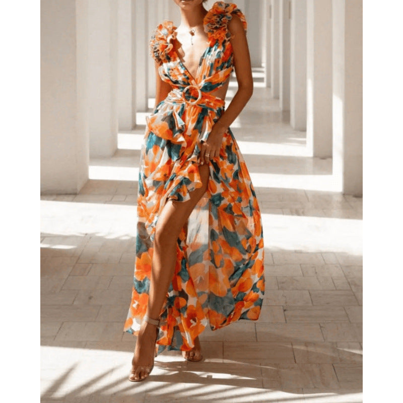 Autumn European And American Fashion Casual Home Floral Backless Dress Women