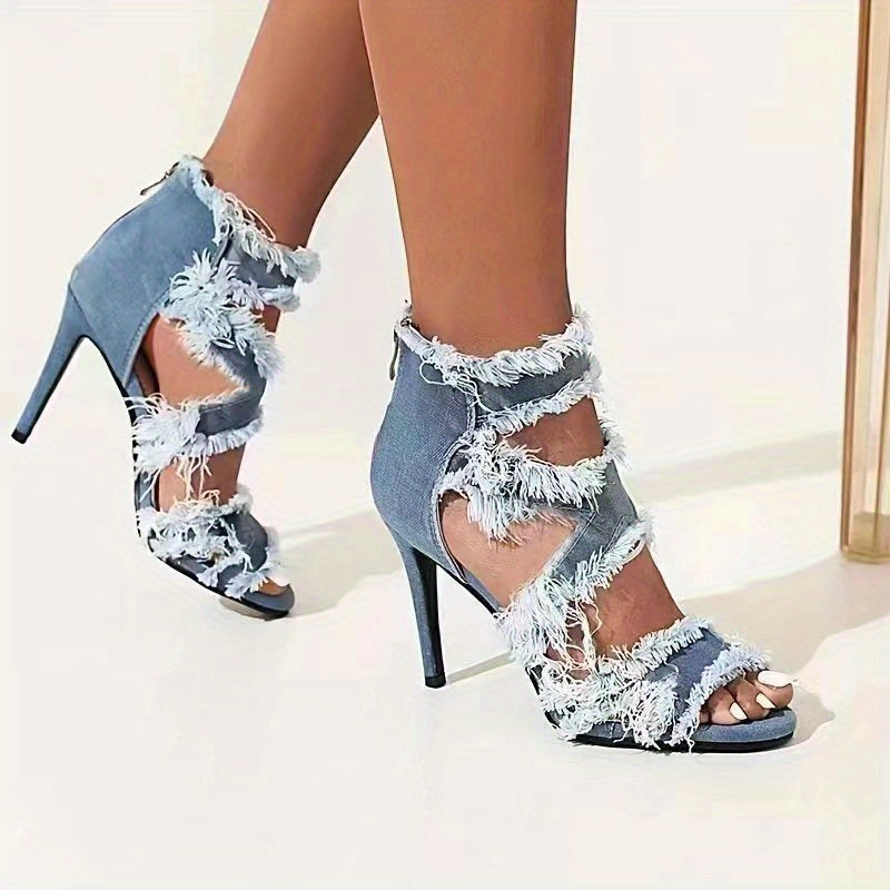 Women's Denim Cut-out High Heels, Peep Toe Back Zipper Stiletto Heels, Fashion Party Sandals