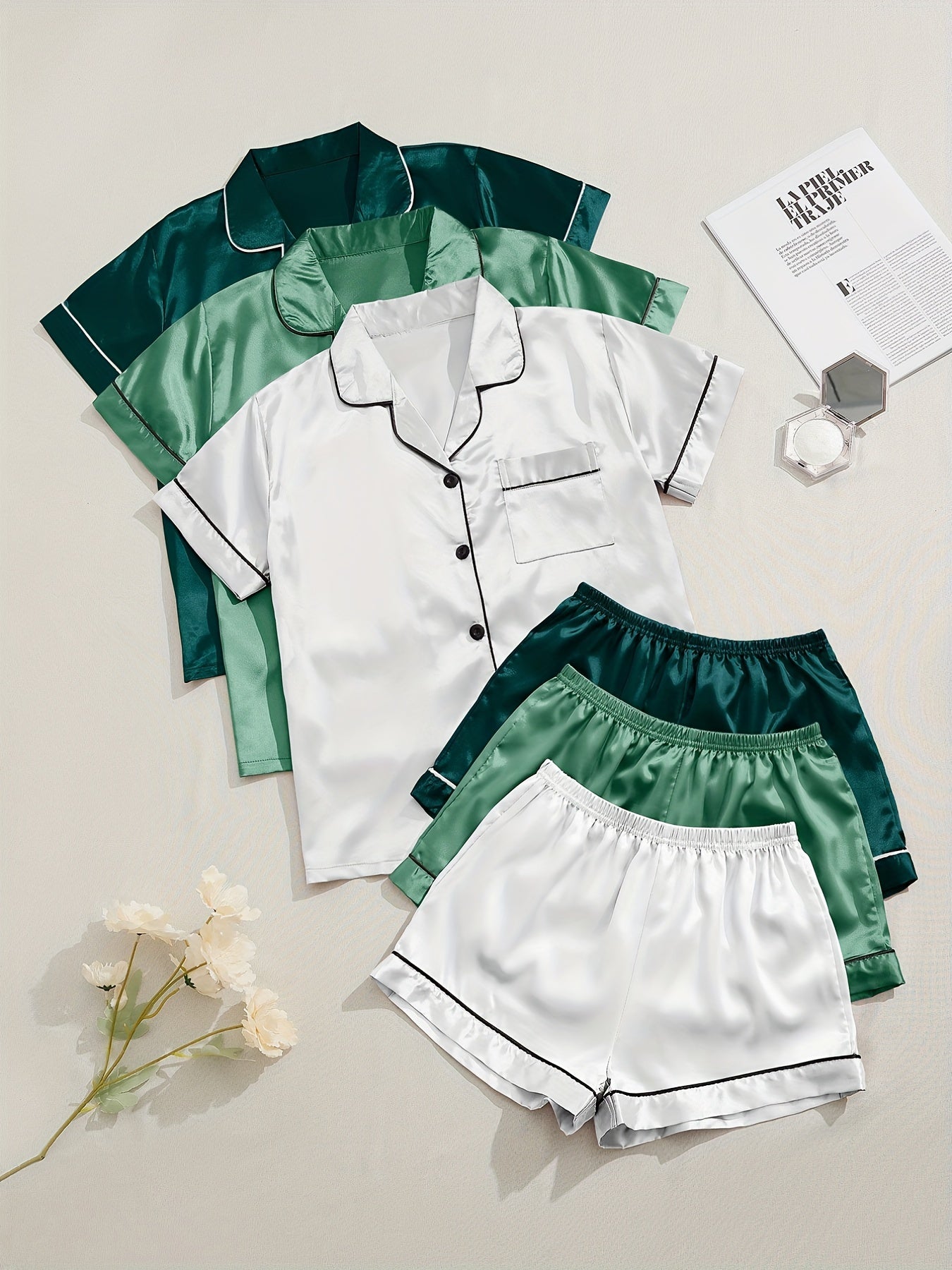 3 Sets of Luxurious Satin Pajama Sets - Soft Short Sleeve Lapel Tops, Elastic Waistband Shorts for Comfortable Women's Sleepwear and Loungewear - Perfect for Relaxation and Leisure Activities