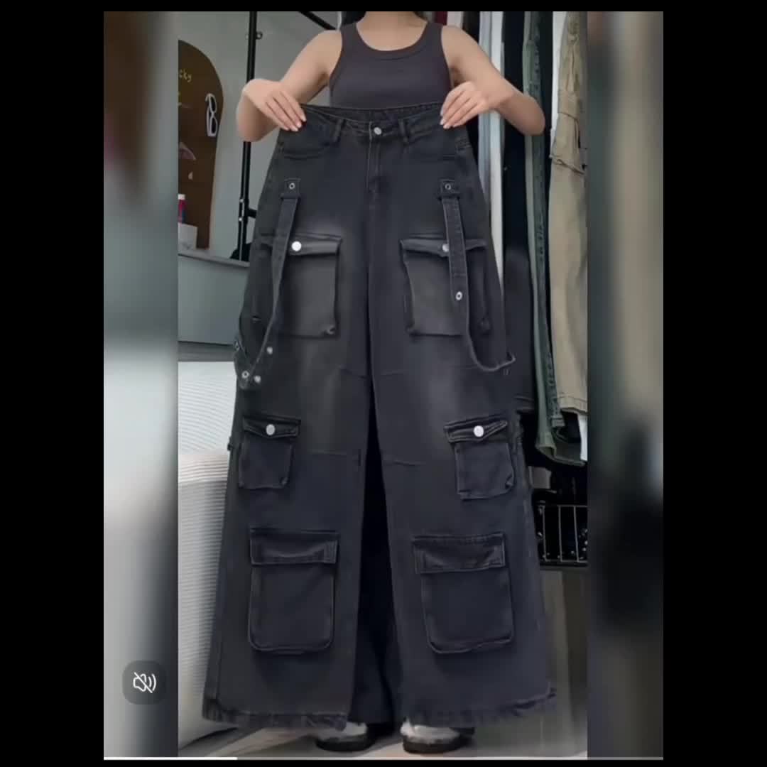 Ins Trendy High Street Retro Vintage Vintage Multi Pocket Workwear Jeans For Men, Heavyweight Washed Spicy Girls, Niche Straight Leg Stacking Pants, Gothic Hip-hop Style Loose And Versatile High Waisted Wide Leg Mop Pants, Wo