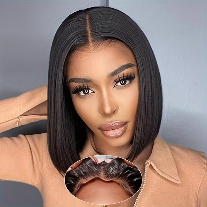 Gift for Girlfriend mother Handwoven Bob wig 5x1 HD Clear front lace wig Human Hair Pre-pulled Human Hair No Glue wig Human Hair 180% density Straight lace wig Ladies natural color