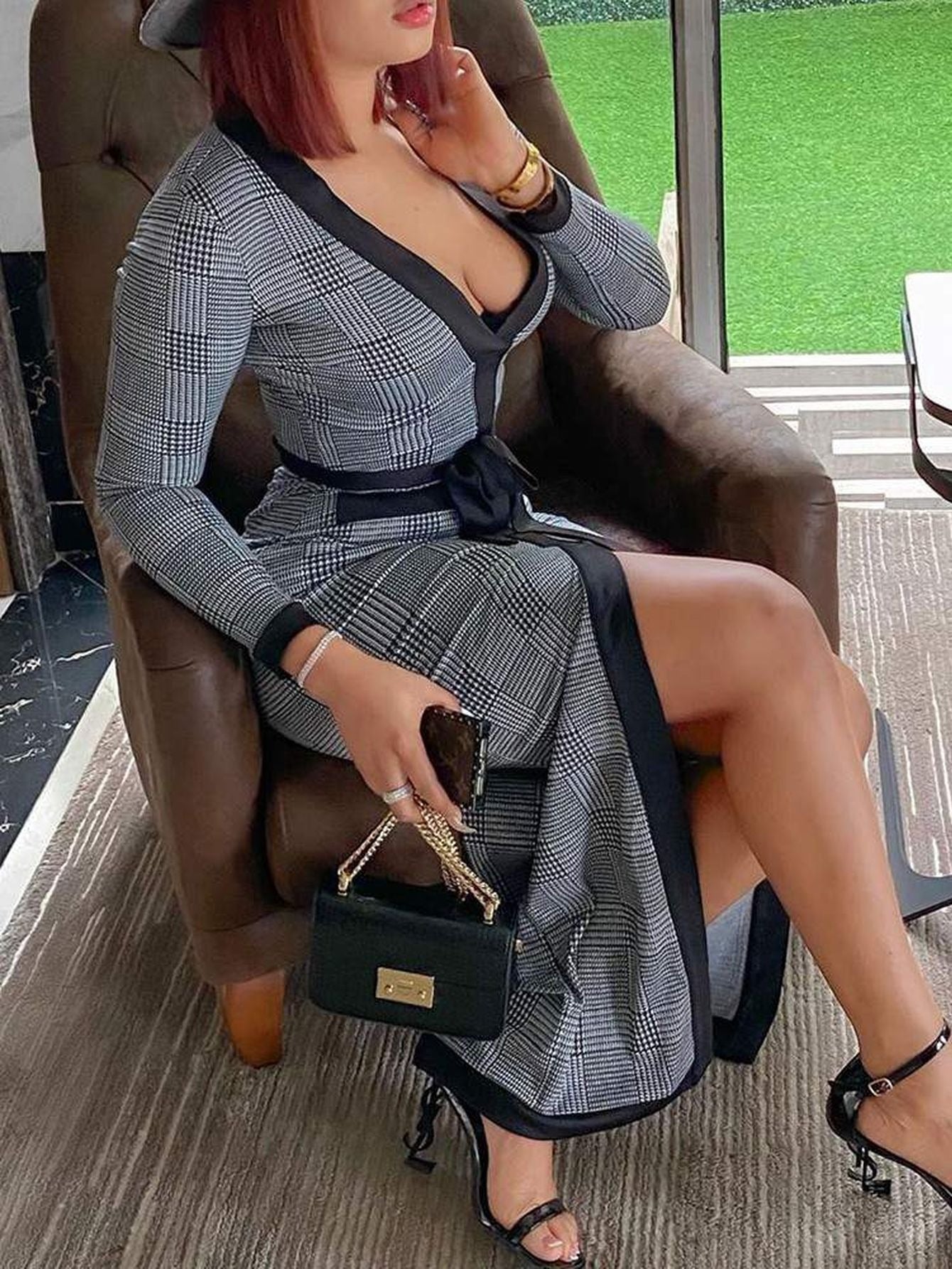 High Slit Plaid Long Sleeve Plunge Maxi Dress Women High Slit Plaid Long Sleeve Plunge Maxi Bodycon Dress Womens Party Dress