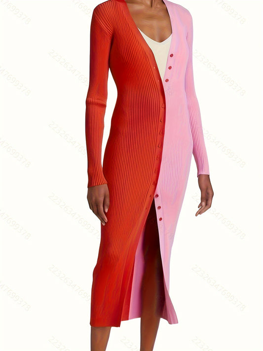 Fashion Women's Dress Women Bodycon Dress Color Block Patchwork Autumn Single Breasted V Neck Midi Dress for Wedding