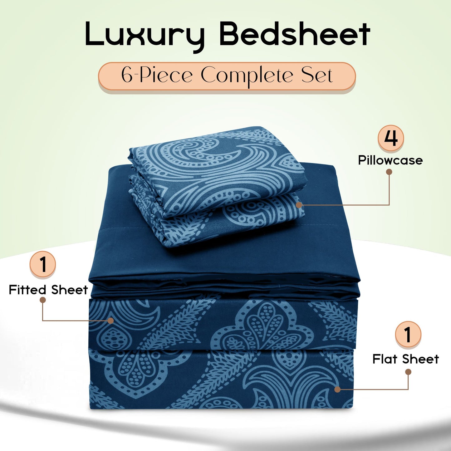 Lux Decor 6 Pieces Paisley Bed Sheet, Breathable Hotel Style Sheets, Microfiber Sheets Deep Pockets, Easy-Fit, Soft & Wrinkle Free Oeko-Tex Cooling Bed Sheets
