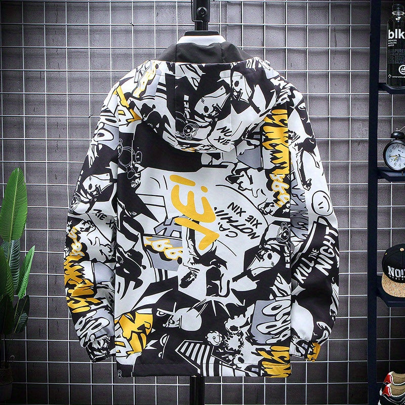 Spring And Autumn Men's Fashion Graffiti Mid Length Windbreaker Popular Hooded And Handsome Men's Jacket Popular Versatile Men's And Women's Same Windbreaker Jacket