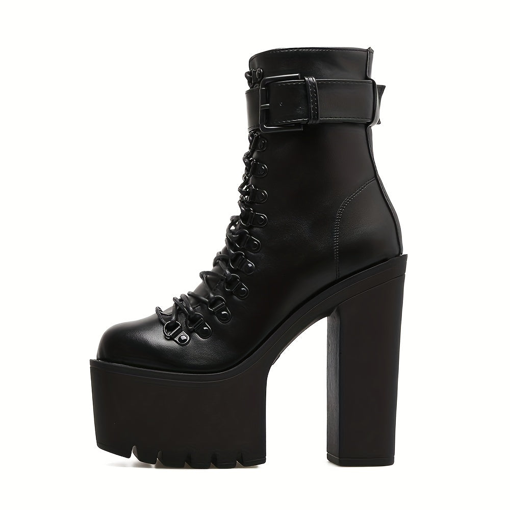 Women's Platform Chunky High Heel Ankle Boots, Black Buckle Strap Lace Up Side Zipper Motorcycle Boots, Punk Style Shoes