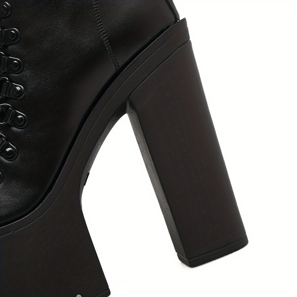 Women's Platform Chunky High Heel Ankle Boots, Black Buckle Strap Lace Up Side Zipper Motorcycle Boots, Punk Style Shoes