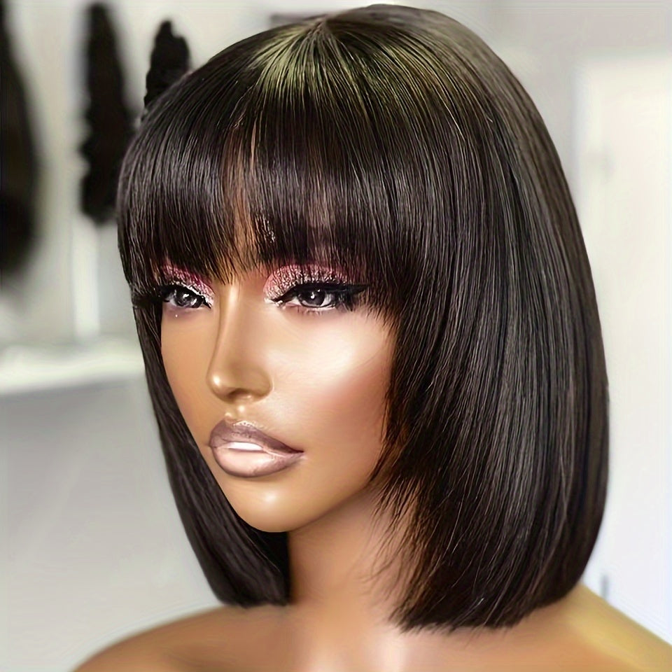[180% Full Human Hair Bob Wig] Straight Short Bob Wig With Bangs 100% Human Hair Full Machine Made Bob Wigs Glueless Straight Wigs For Women 180%