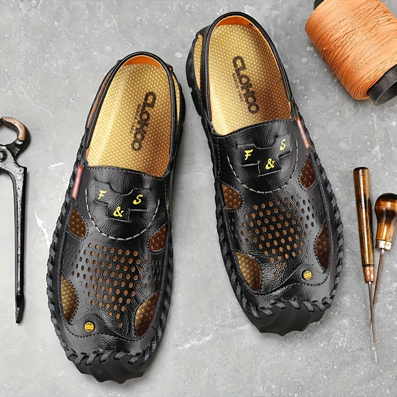 CLOHOO Mens Round Toe Sandals - Durable Handmade Stitching, Non-Slip Rubber Sole, Comfortable PU Insole, Breathable Fabric Lining, Second Layer Cowhide Upper, Slip-On Closure, Perfect for Indoor, Outdoor, Beach, Vacation, Spr
