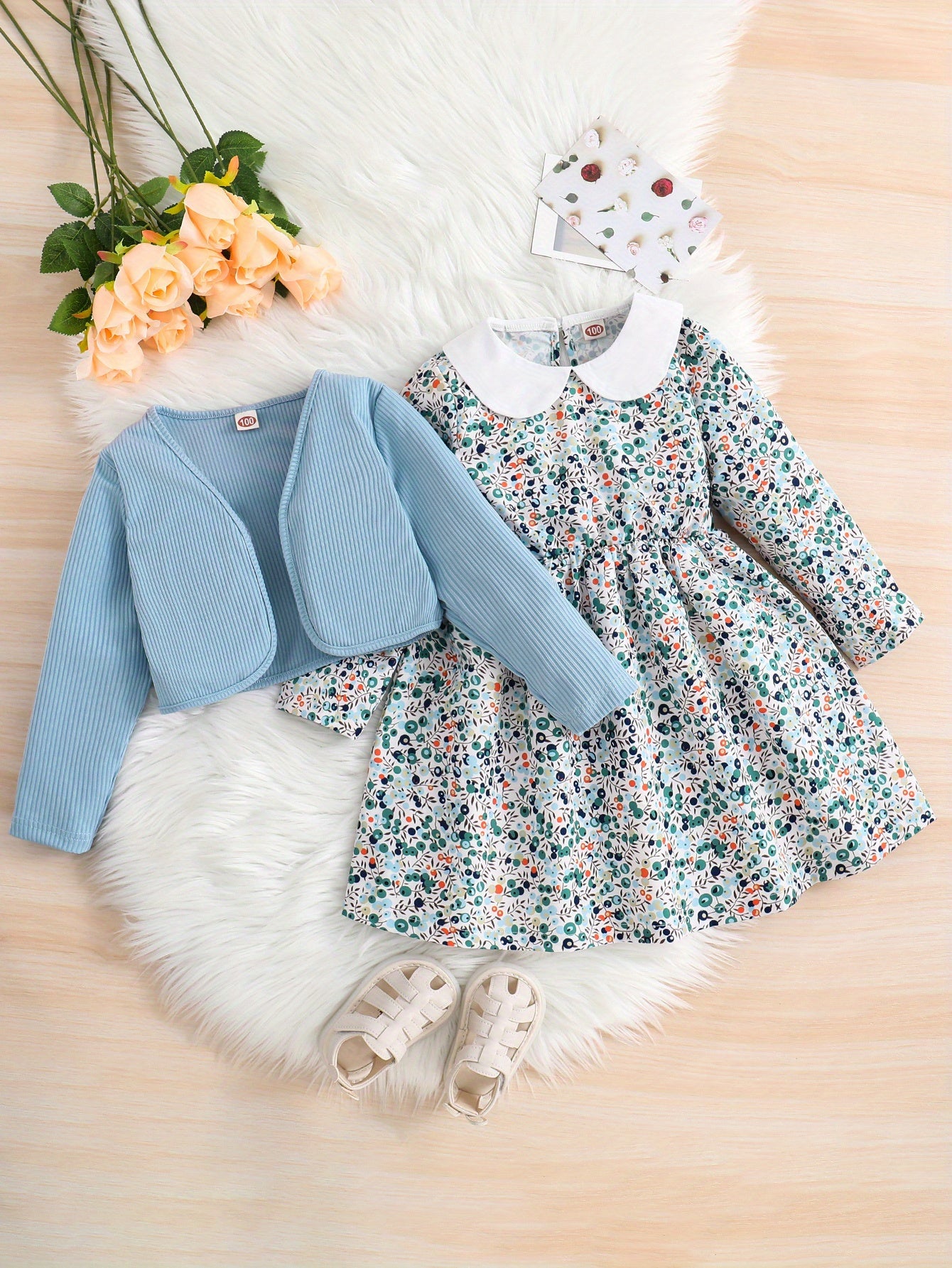 Girls 2pcs Long Sleeve Dress & Ribbed Cardigan Coat Set Floral Print Elegant Jacket Top Casual Kids Clothes Spring Fall