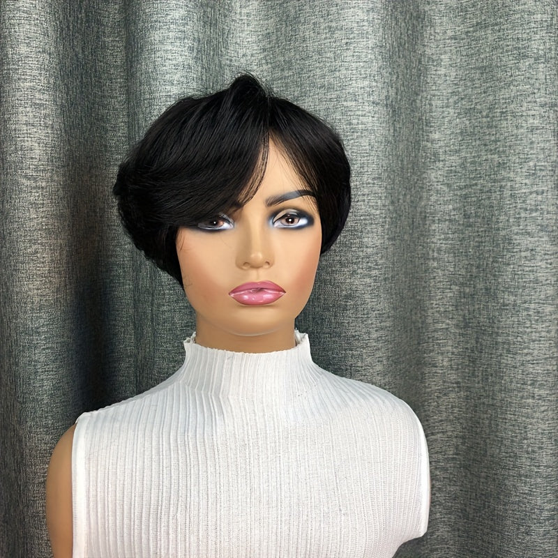 Elegant Natural Black Straight Bob Wig with Side Bangs for Women - 150% Density, Glueless Human Hair, Machine Made, Brazilian Virgin Hair