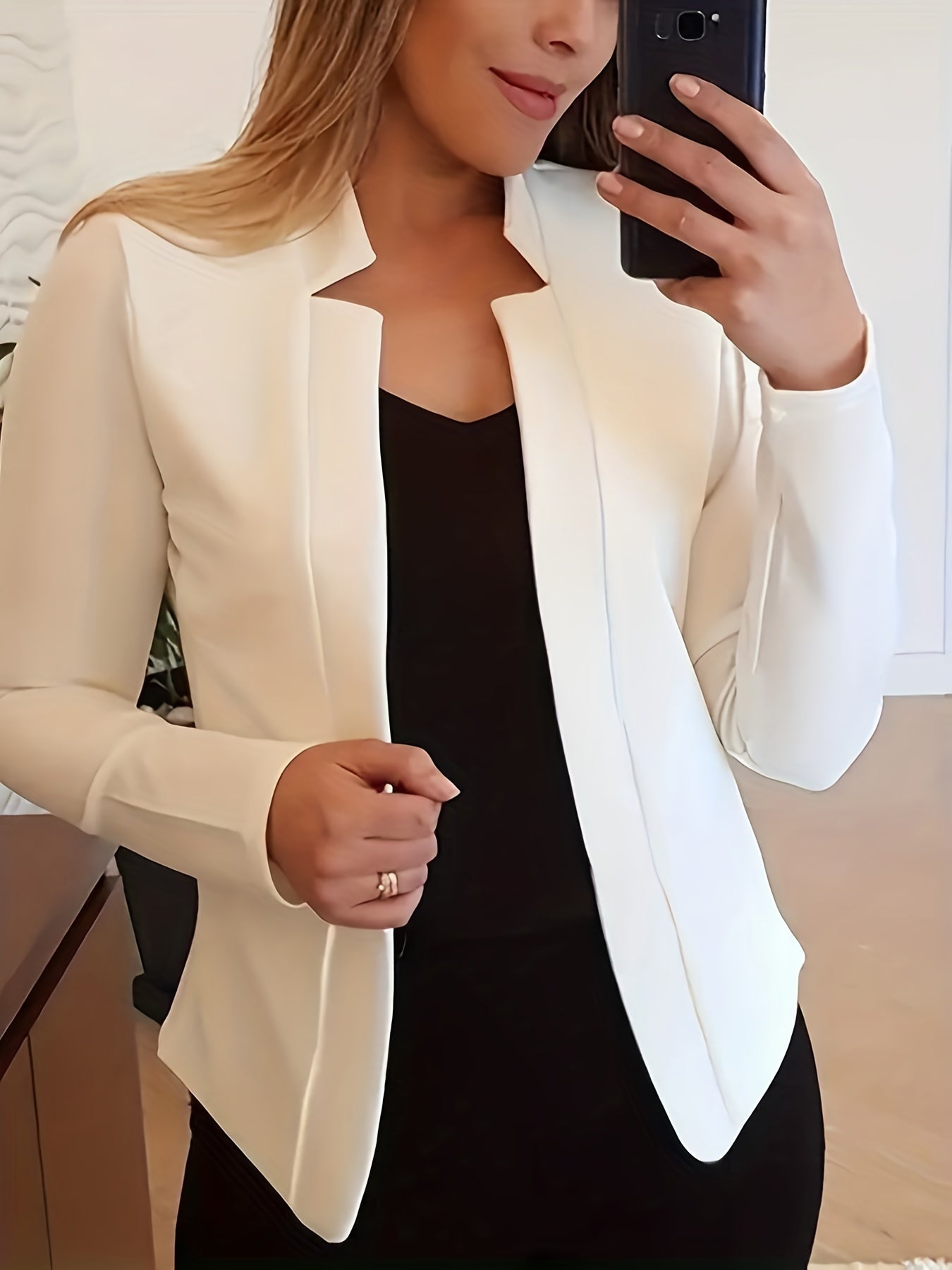 [Everyday Comfort] Women's Elegant Solid Color Polyester Blazer - 95% Polyester, 5% Spandex Knit Fabric, All-Season Stand Collar Jacket for Adults