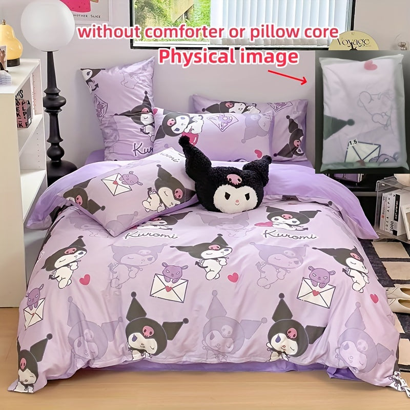 4pcs Kuromi Bed Sheet Set, Adorable Anime Print Bedroom Supplies, Fashion Quilt Cover, Bed Sheet,(1*quilt Cover+ 2*Pillowcase, 1*bed Sheet), Soft And Durable Bedding for Bedroom