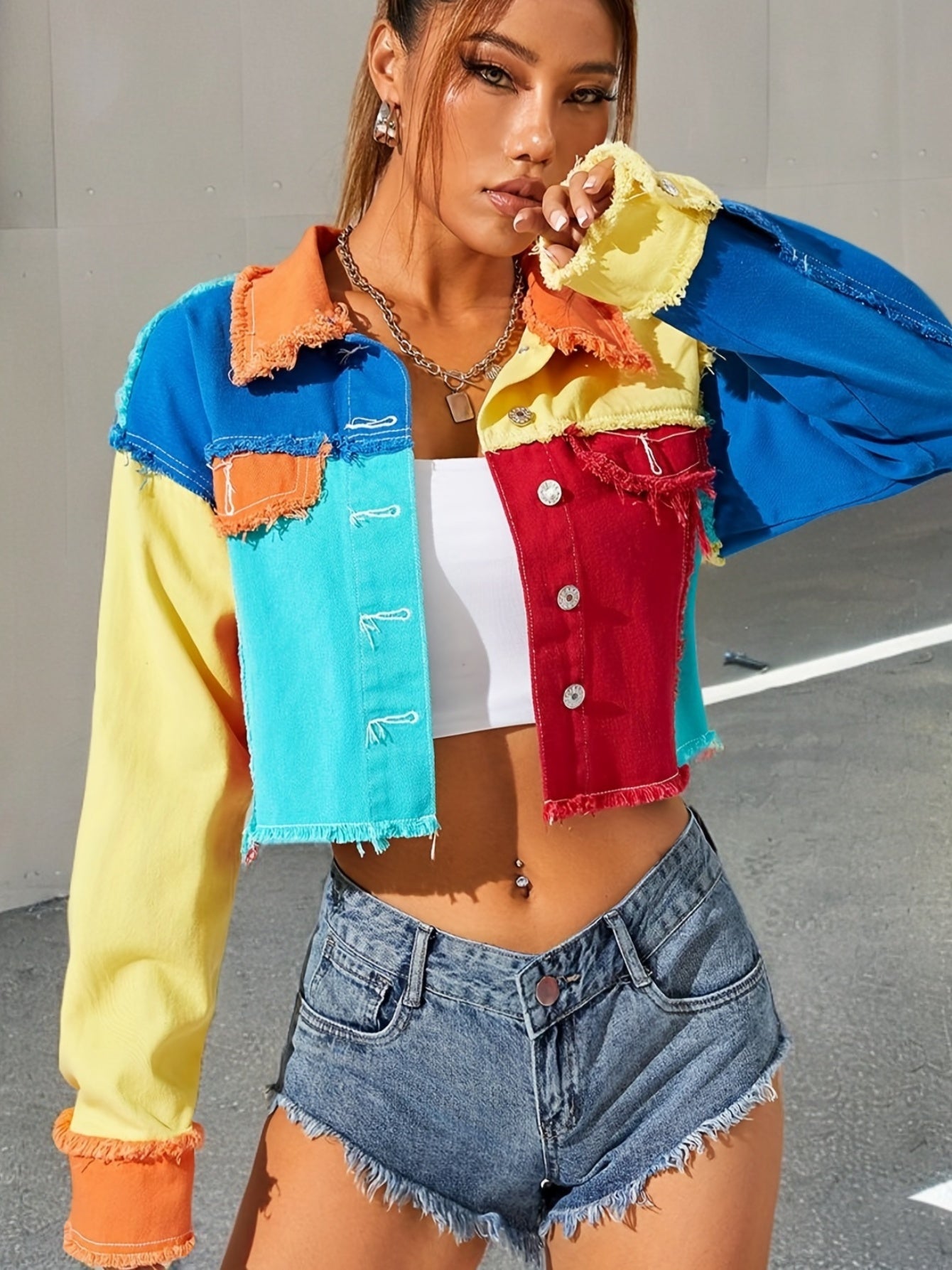 Women's Colorblock Raw Hem Denim Jacket - Street Style Lapel Coat with Long Sleeves and Patchwork Design