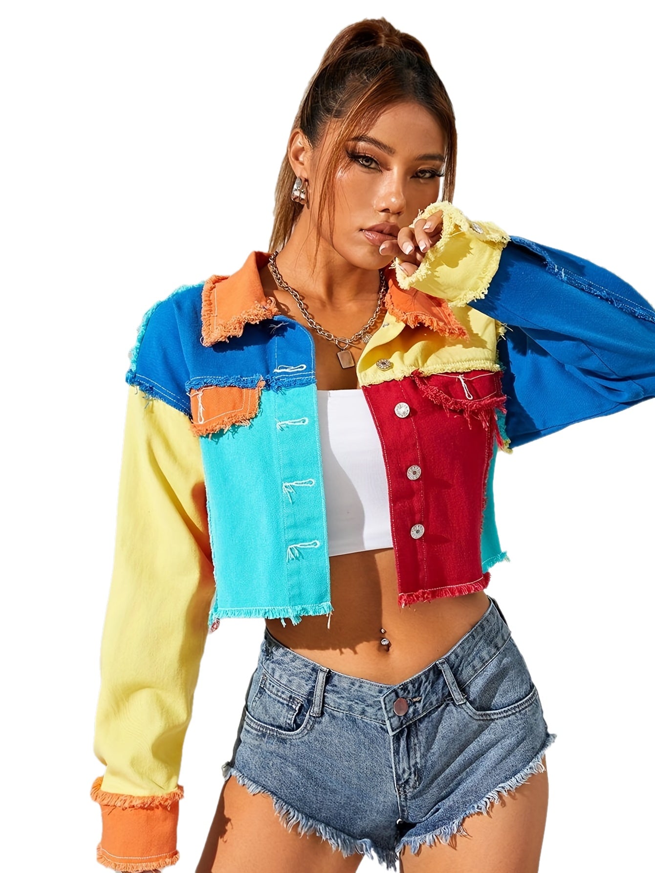 Women's Colorblock Raw Hem Denim Jacket - Street Style Lapel Coat with Long Sleeves and Patchwork Design