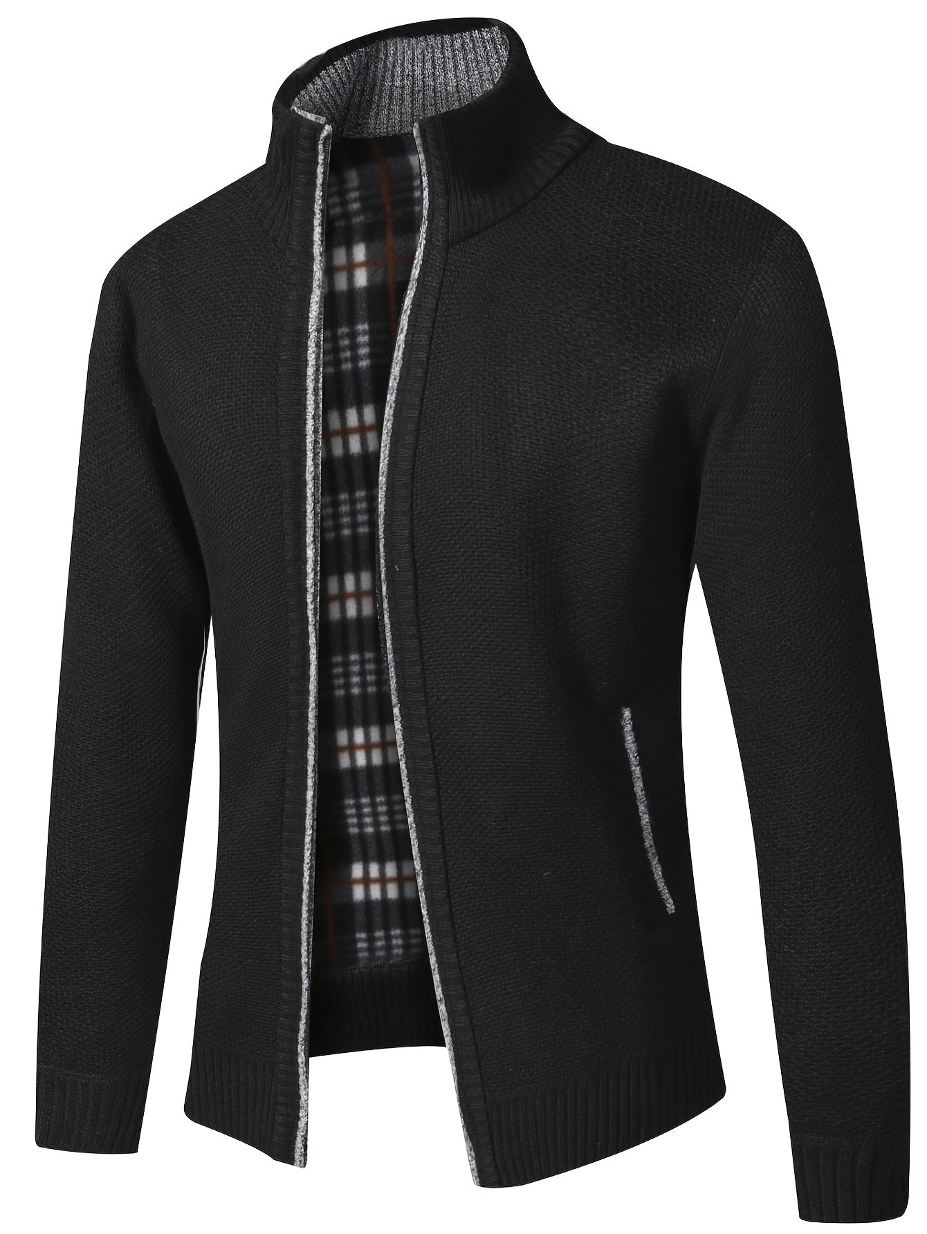 Warm Stand Collar Fleece Jacket, Men's Casual Comfortable Solid Color Zip Up Knitted Cardigan For Spring Fall