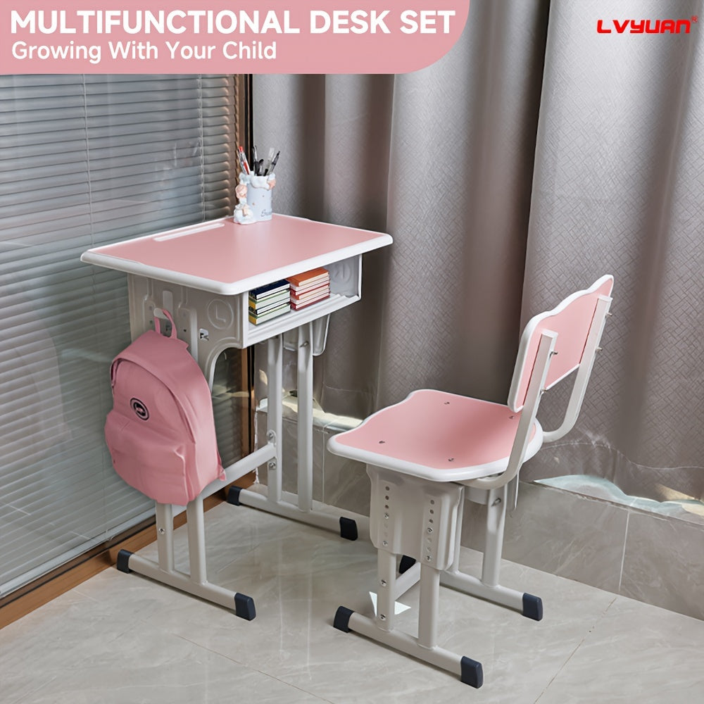 A Set Of High Quality Kids Table And Chair Set, Height Adjustable Children's School Study Table And Chair Set, Ergonomic Study Table Desk For Kids, Suitable For Children, Primary School Students And Teenagers Aged 3-18 Years