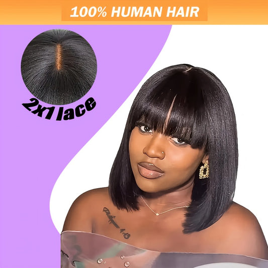 Women's Glueless Bob Wig with Bangs - Natural Black Human Hair, 150% Density (2x1 Ratio), Brazilian Hair, No Glue Needed, Adjustable Bangs & Pre-Plucked Front with Baby Hair, Everyday & Special Occasion Hairstyle - Suitable f