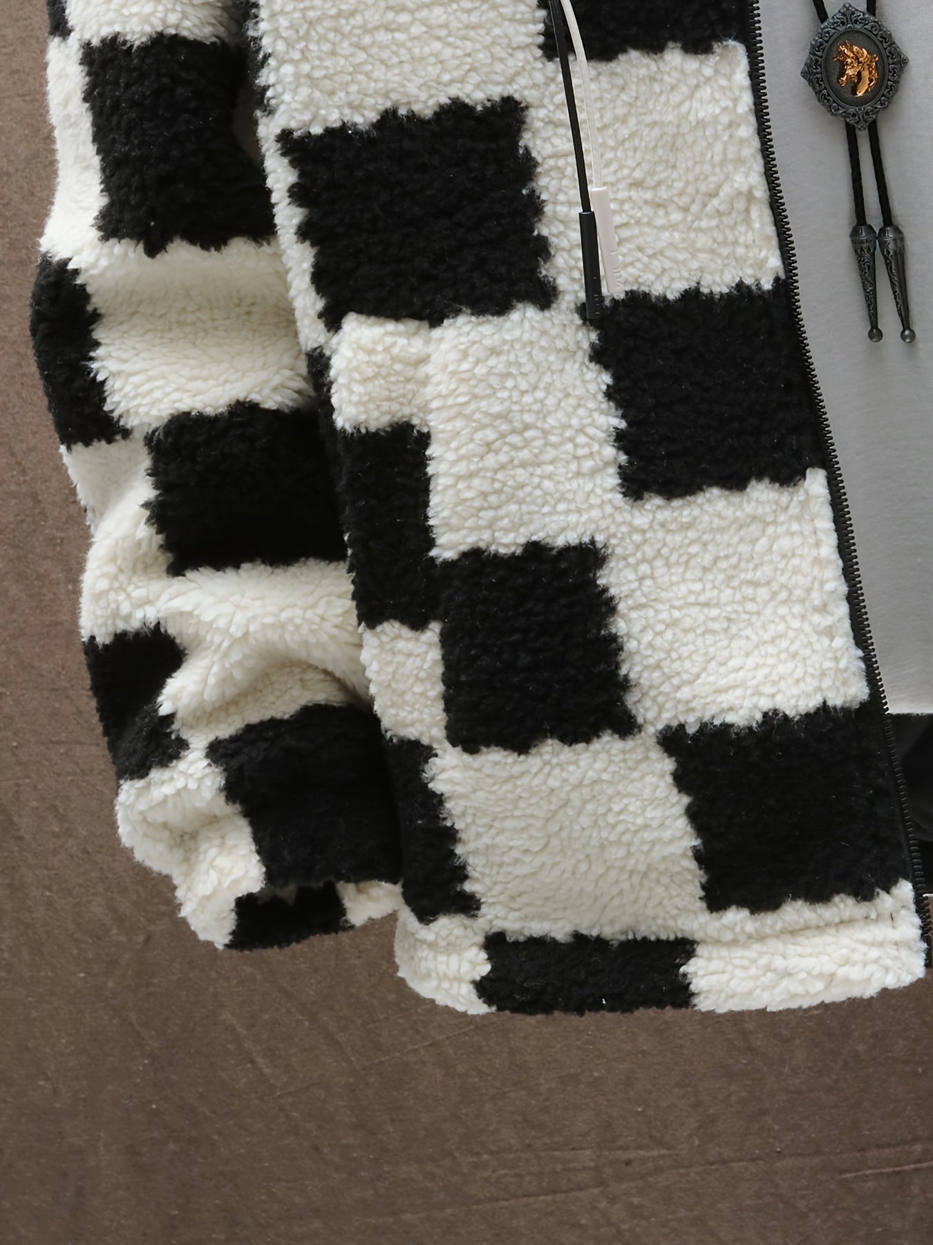 [Plush Winter Coat] Blue & White Plush Checkered Winter Coat | Men's Loose Fit, Stand Collar, Zip-Up Jacket with Drawstring Hood, Casual Style for Fall/Winter