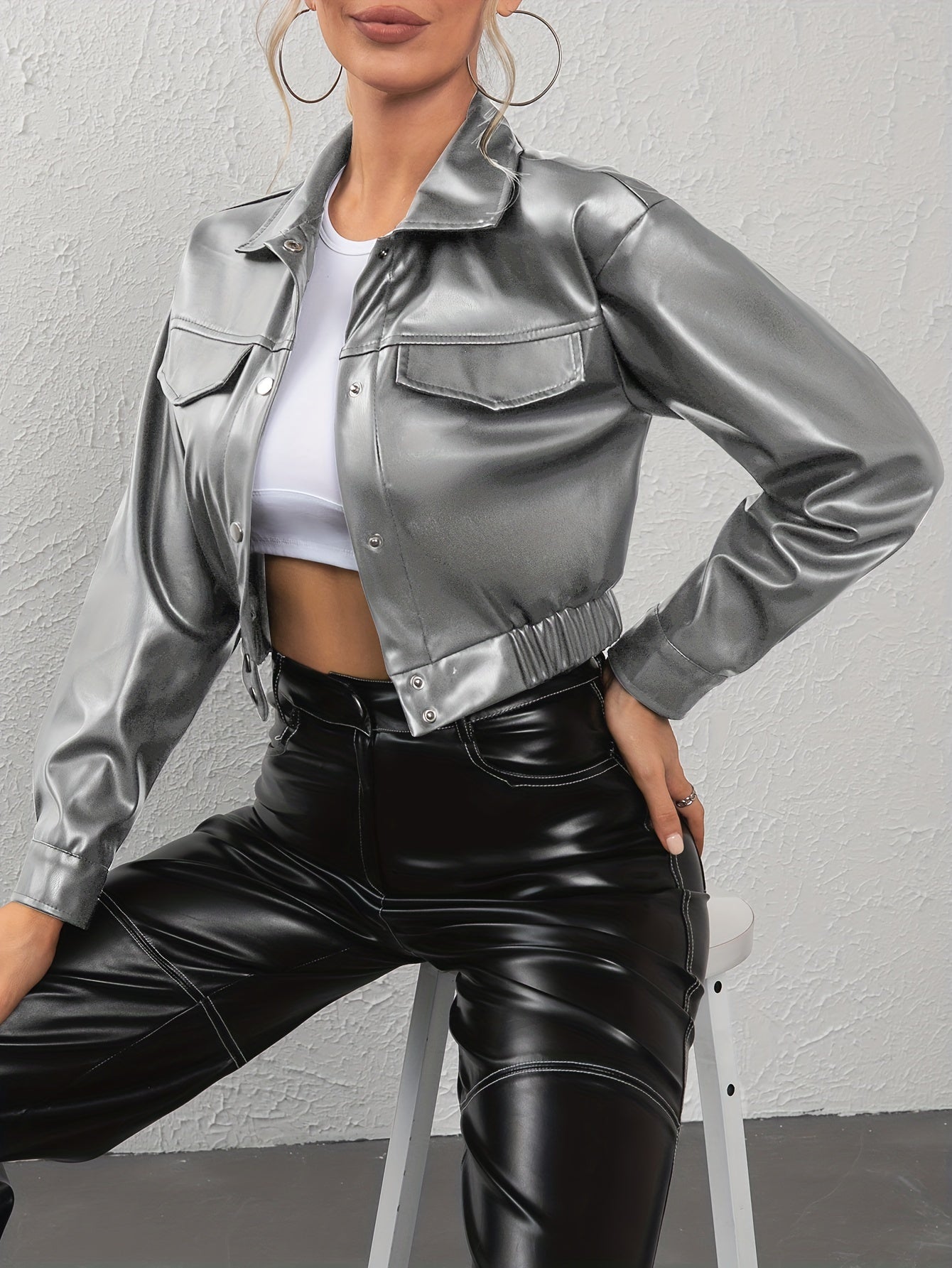 Chic Solid Faux Leather Cropped Jacket - Soft Touch, Turn Down Collar, Button Up, Long Sleeve - Perfect Casual Outerwear for Women