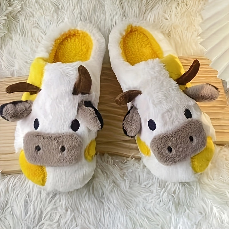 Adorable Cartoon Cow Plush Slippers for Women - Cozy Fabric Upper & PVC Sole, Soft Indoor Footwear with Fluffy White Trim, Cute Slippers