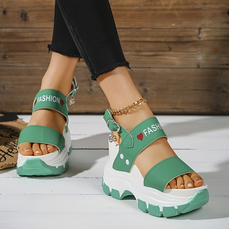 Casual Elegance Open-Toe Wedge Sandals, Solid Color with Strappy Back & Metal Buckle, Comfortable Platform Heel Fashion Footwear for Women