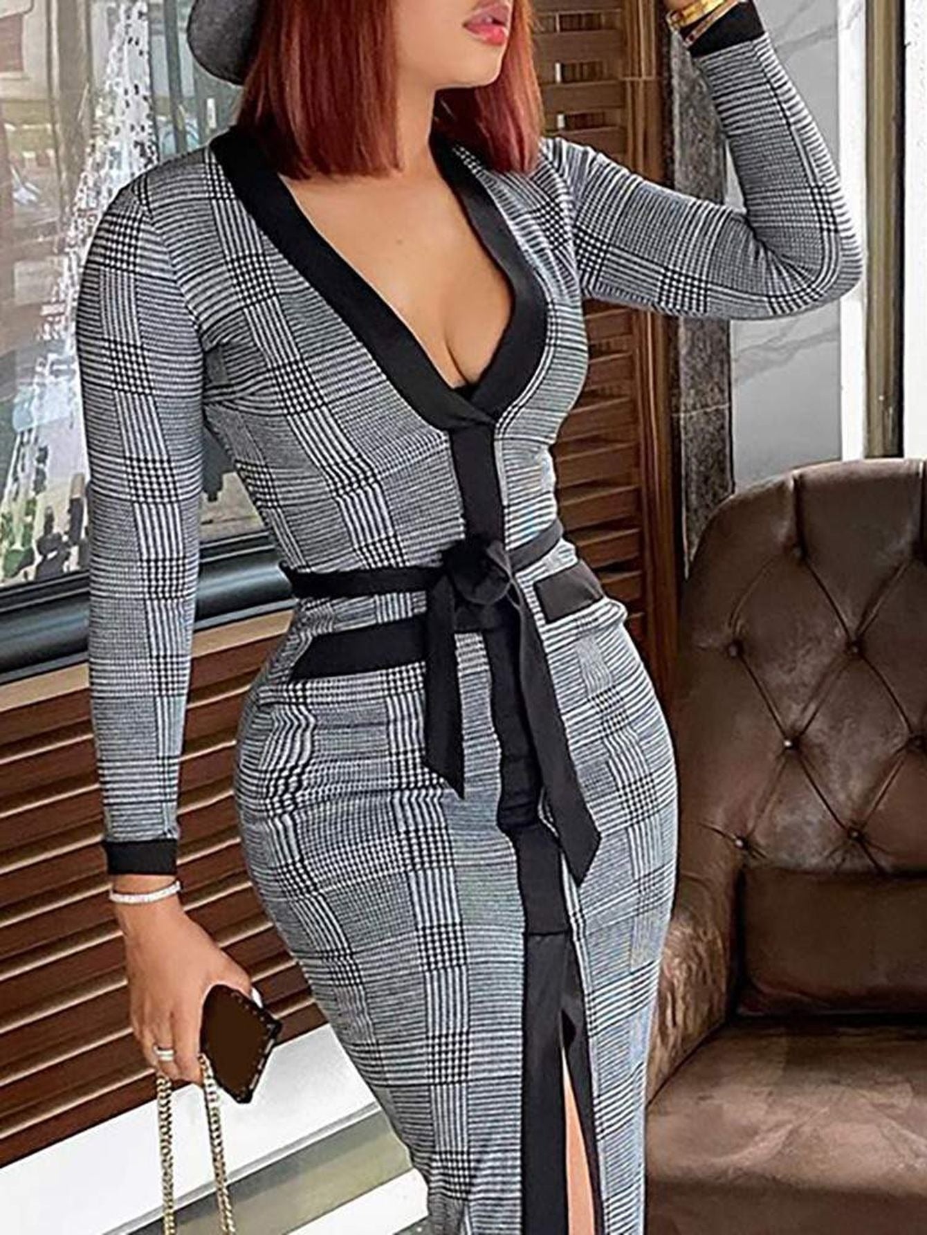 High Slit Plaid Long Sleeve Plunge Maxi Dress Women High Slit Plaid Long Sleeve Plunge Maxi Bodycon Dress Womens Party Dress