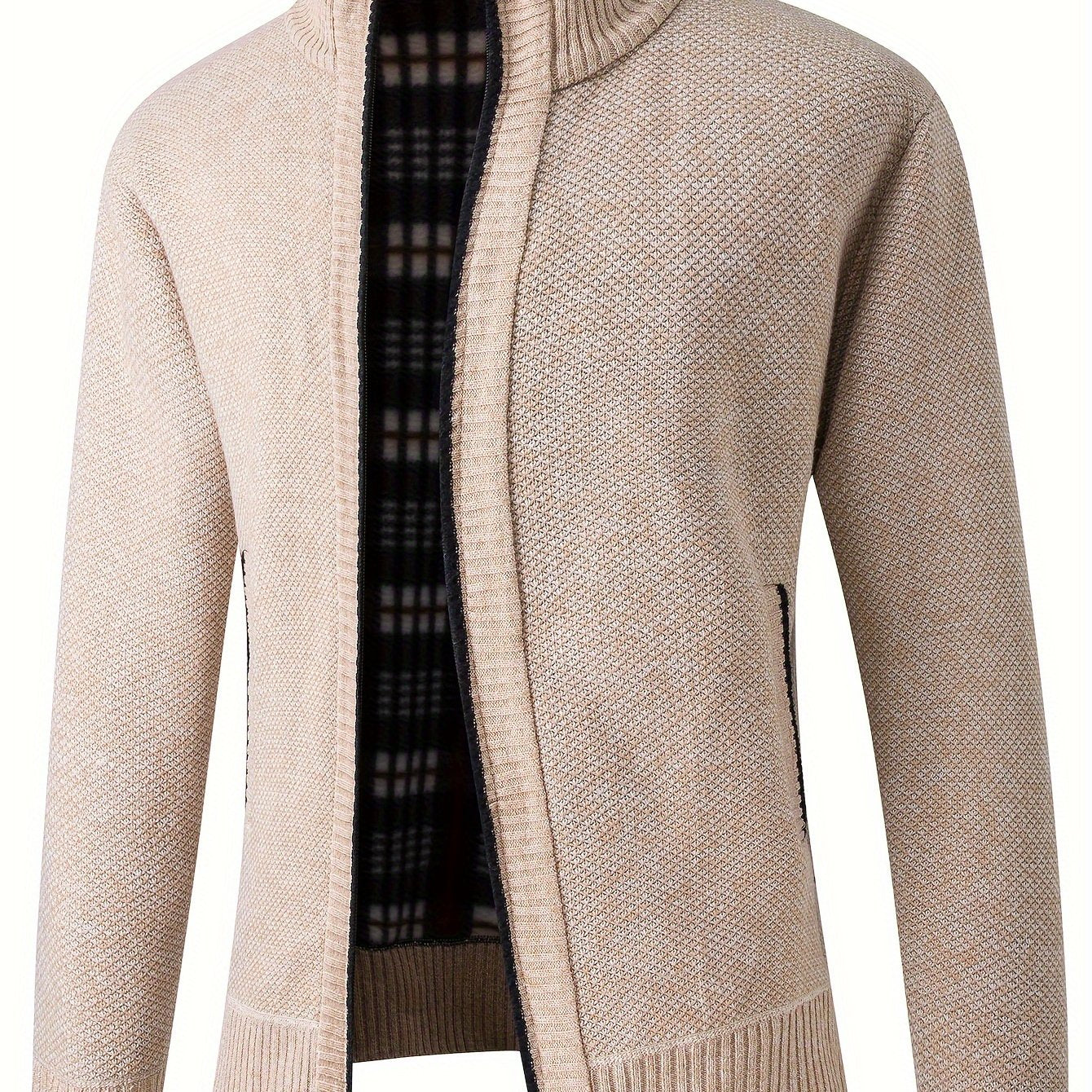 Warm Stand Collar Fleece Jacket, Men's Semi-formal Comfortable Solid Color Zip Up Knitted Cardigan For Spring Fall