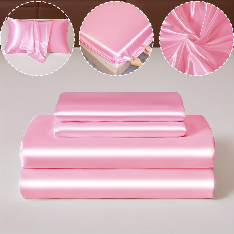 3pcs 100% Polyester Satin Bed Sheet Three-Piece Set [1 Sheet 2 Pillowcase (Coreless)] Skin-friendly Soft And Silky Fabric Student Dormitory Daily Home Bedding Mattress Protector All Year Round Machine Washable No Shrinkage No