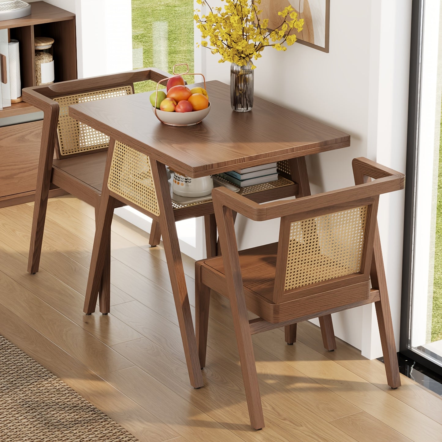 KASLANDI Furniture For Home Small Dining Table Set For 2, Wood Small Kitchen Table For 2 Square, 3pcs Dining Table Set For Dining Room, Living Room, Apartment, Indoor, Walnut, Modern Minimalist Furniture Table And Chair Set