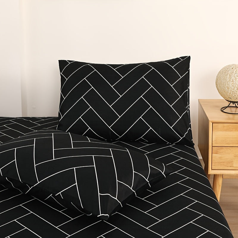 Harrods Experience Luxurious Woven Polyester Bed Sheet Set with Two Pillowcases, Machine Washable, All-Season Durable & Tear-Resistant Flat Net Printed Design - Fitted Sheet with Elastic Corners 11.81-13.39inch Deep