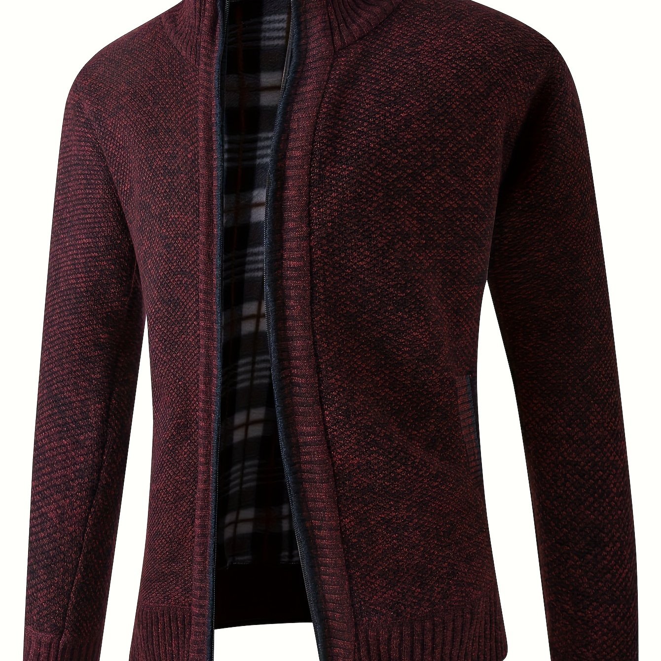 Warm Stand Collar Fleece Jacket, Men's Semi-formal Comfortable Solid Color Zip Up Knitted Cardigan For Spring Fall