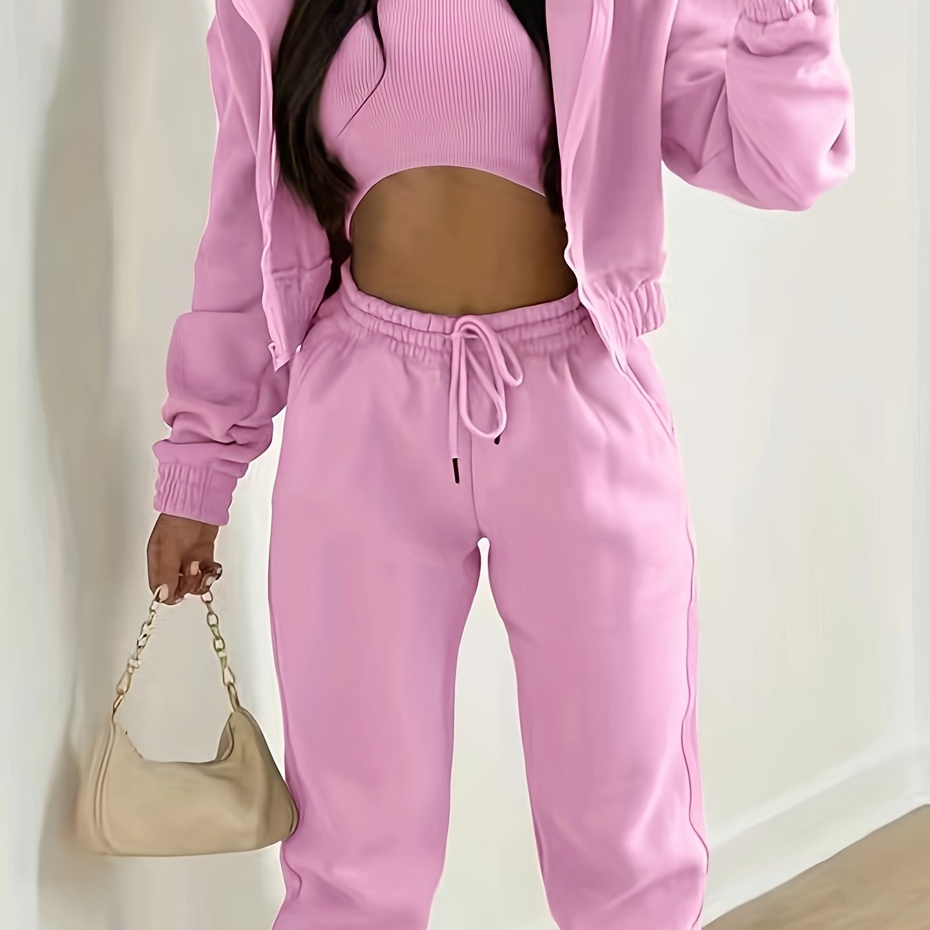 Three-Piece Casual Outfit Set - Zip-Up Hooded Jacket, Sleeveless Crew Neck Tank Top, and Drawstring Elastic Waist Jogger Pants - Comfortable, Versatile, and Stylish Women's Clothing for Everyday Wear