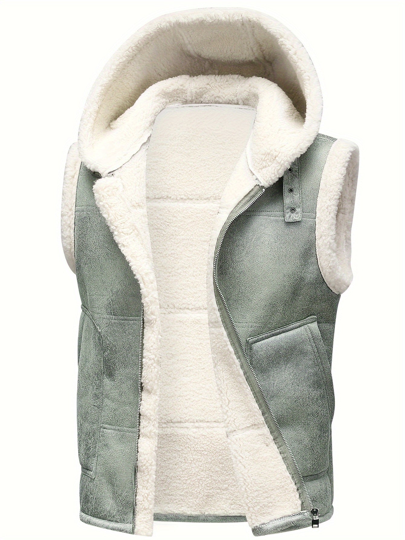 [Warm Hooded Vest] Warm & Windproof Men's Fleece-Lined Hooded Vest - Stylish Sleeveless Jacket with Zipper Pockets, Olive Green, Daily Comfort Vest | Hooded Jacket | Functional Pockets