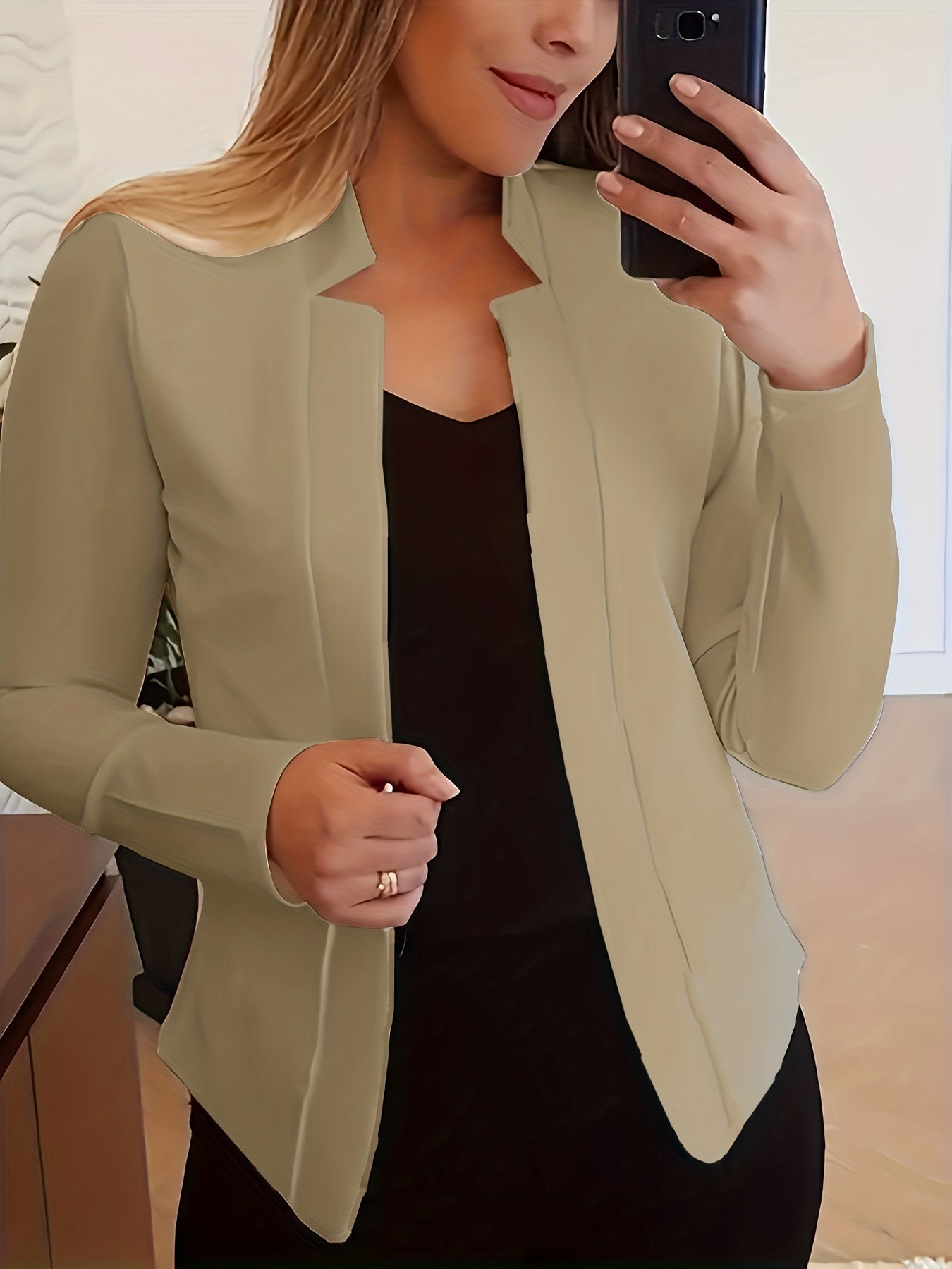 [Everyday Comfort] Women's Elegant Solid Color Polyester Blazer - 95% Polyester, 5% Spandex Knit Fabric, All-Season Stand Collar Jacket for Adults