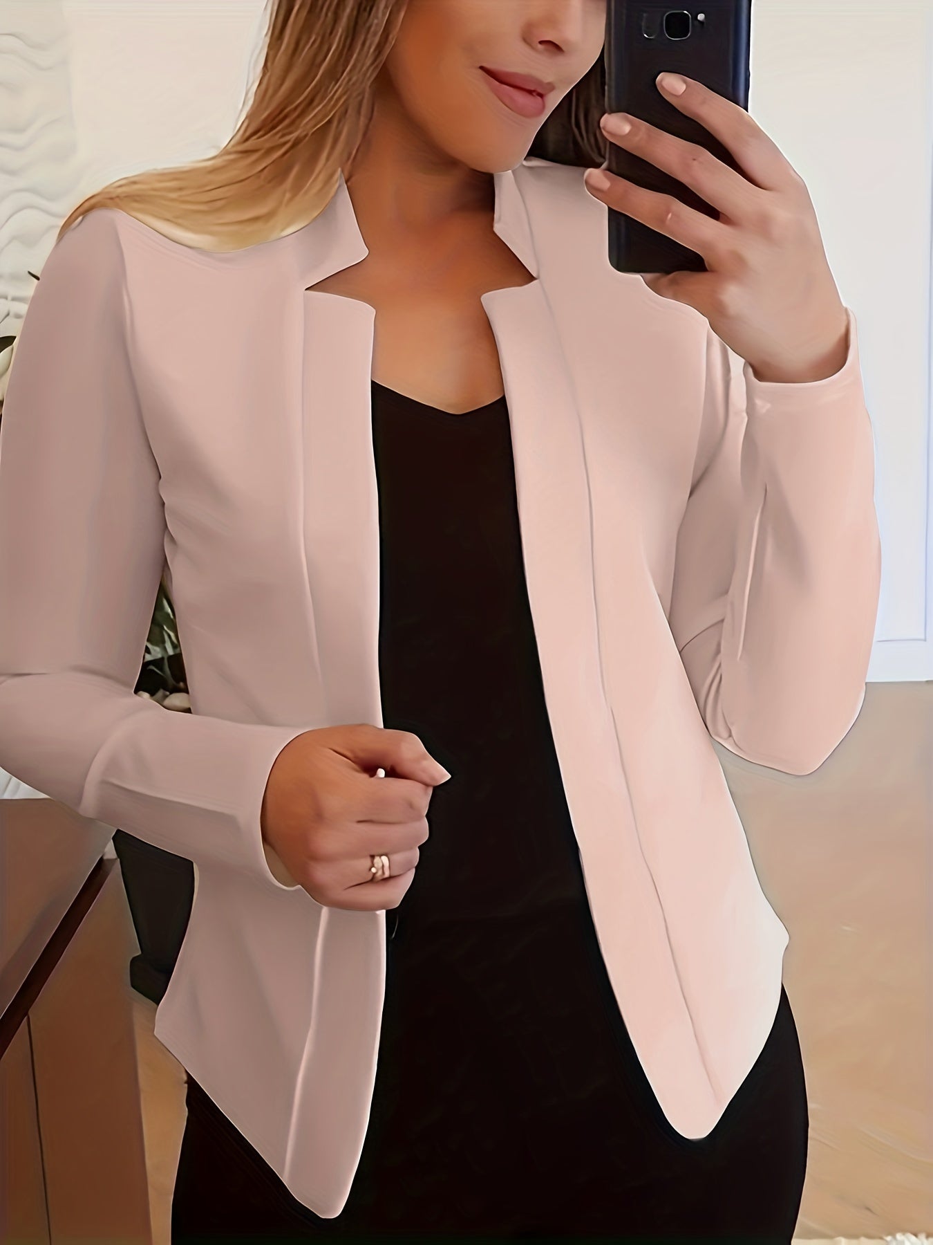 [Everyday Comfort] Women's Elegant Solid Color Polyester Blazer - 95% Polyester, 5% Spandex Knit Fabric, All-Season Stand Collar Jacket for Adults