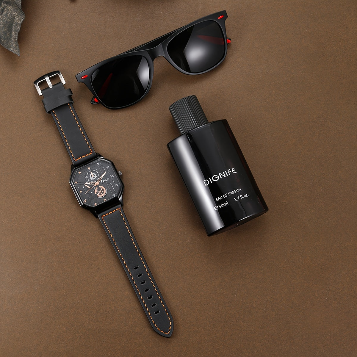 Men's Watch Gift Set Trio: Quartz Movement, Non-Waterproof Zinc Alloy Case with PU Leather Strap, Glasses & Eau de Parfum, Classic Minimalist Style Bundle - Ideal Birthday or Holiday Present for Him