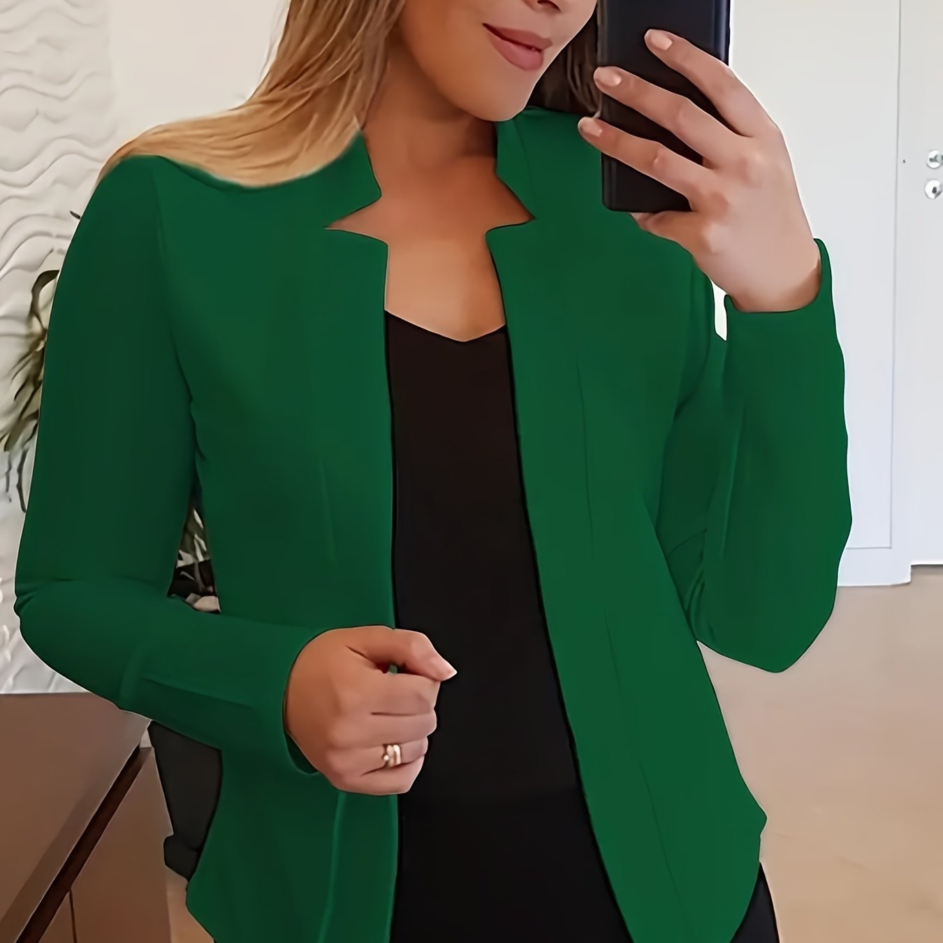 [Everyday Comfort] Women's Elegant Solid Color Polyester Blazer - 95% Polyester, 5% Spandex Knit Fabric, All-Season Stand Collar Jacket for Adults