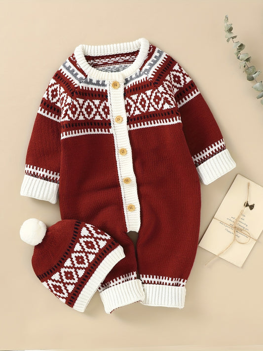 Newborn Infant Geometric Pattern Sweater Romper Long Sleeve Button Jumpsuit & Hat For Toddler Baby Boys And Girls, Suitable For Indoor And Outdoor Wear