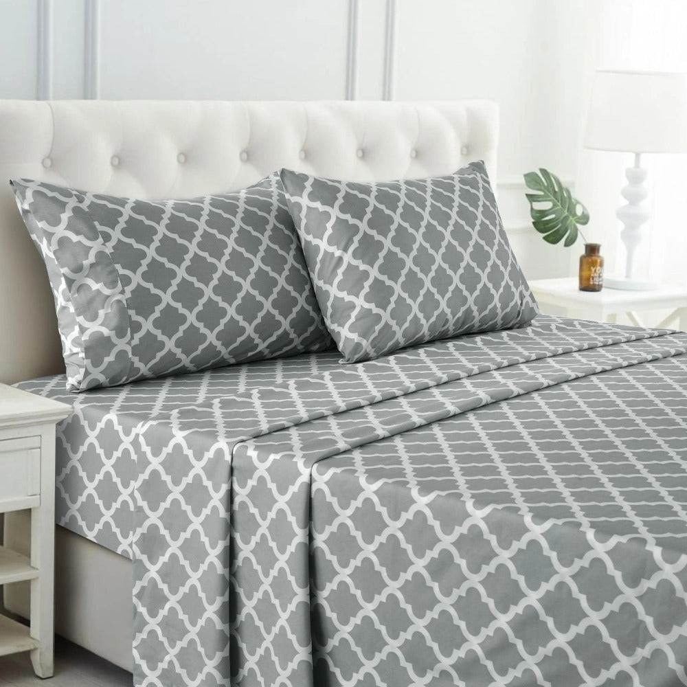 Luxurious Queen Size Bed Sheet Set - 4pcs Microfiber with Deep Pockets, Includes Flat Sheet & Pillowcases - Soft, Breathable Gray & White Striped Design for All Seasons