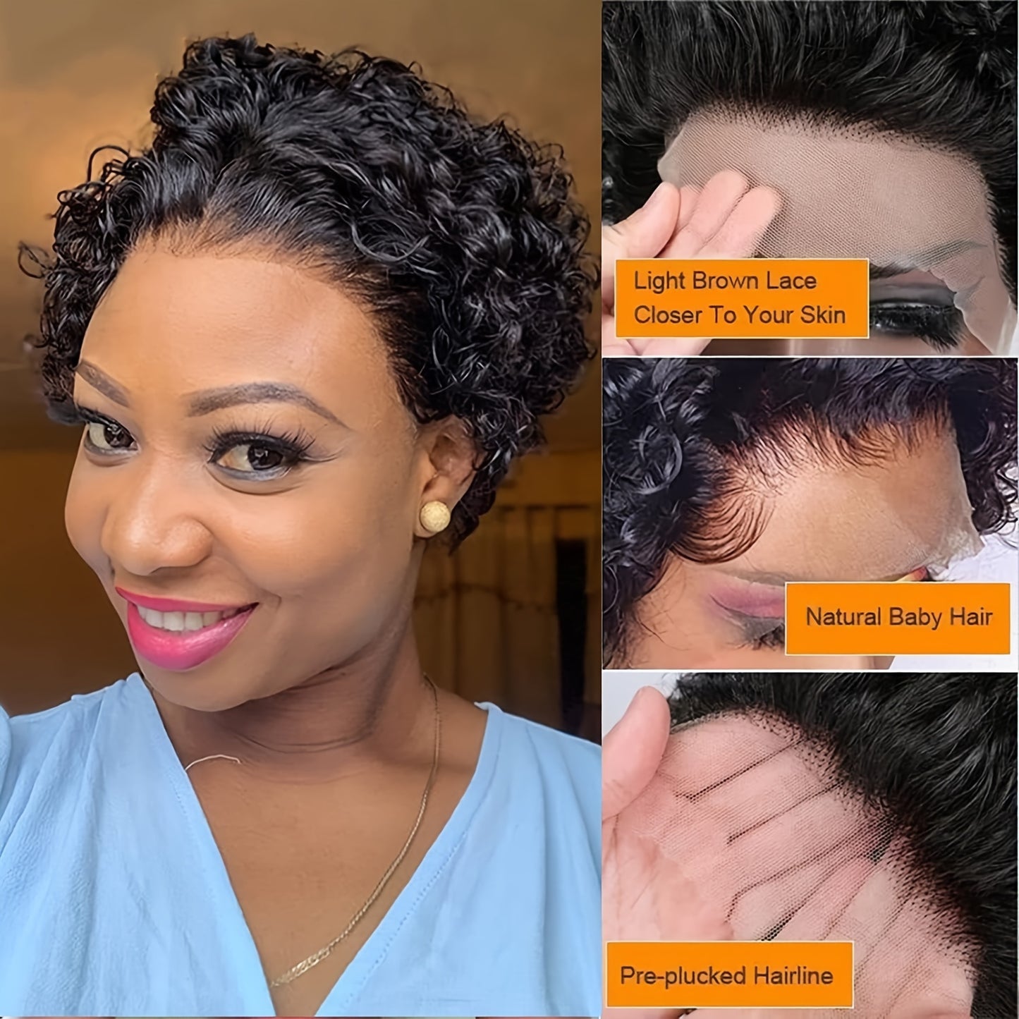 Short Pixie Cut Curly Lace Front Wig - 100% Human Hair, 180% Density, 13x1 Lace Area, Elegant Curly Wave Style for Women, Suitable for All Light Beige Tones, Natural Look & Versatile Styling Options