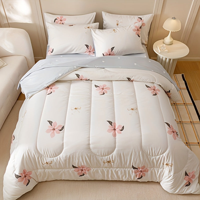 7pcs Fashion Freshness Nature Rural Flowers Quilt Set (1 Quilt +1 Bed Cap +1 Bed Sheet +4 Pillowcase Without Pillow Core), Contains Padding 180gsm Quilting Soft Ventilate Bedroom Dormitory