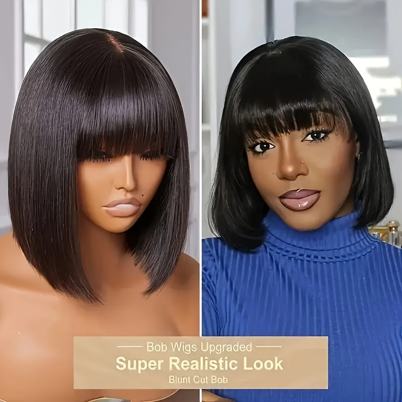 Women's Glueless Bob Wig with Bangs - Natural Black Human Hair, 150% Density (2x1 Ratio), Brazilian Hair, No Glue Needed, Adjustable Bangs & Pre-Plucked Front with Baby Hair, Everyday & Special Occasion Hairstyle - Suitable f