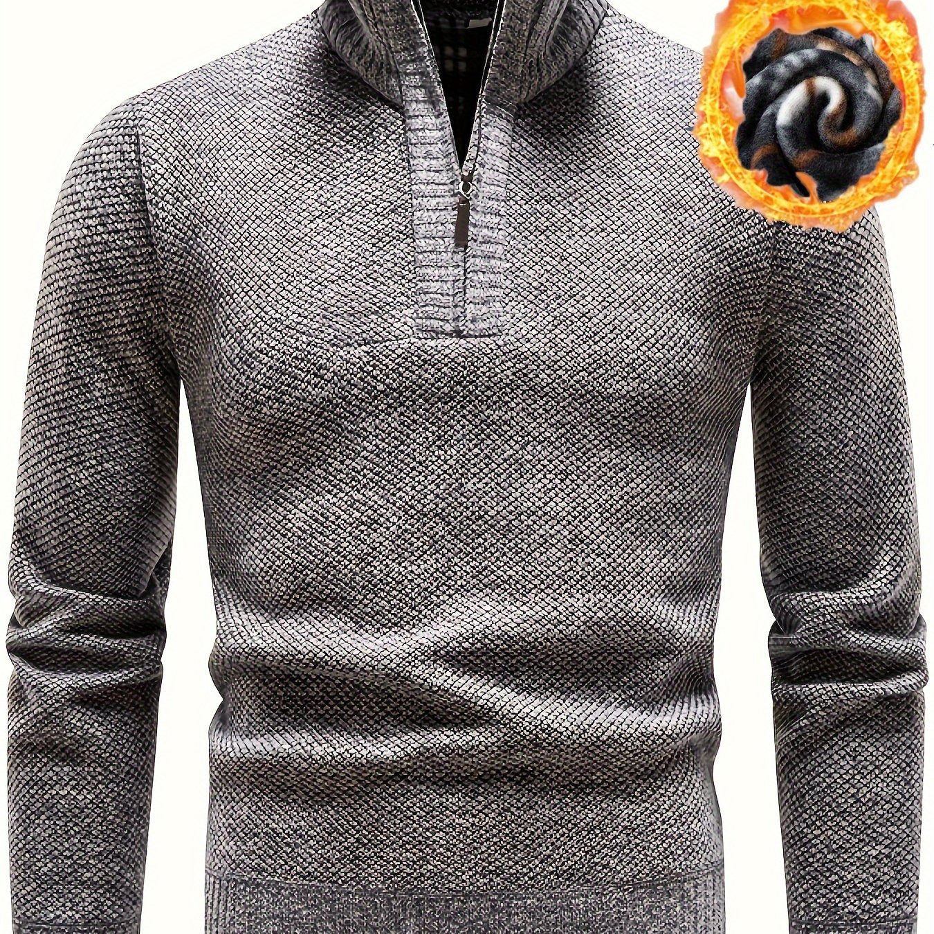 Warm Herringbone Twill Pullover Sweater, Men's Casual High Neck Mid Stretch Jacket Sweater For Fall Winter