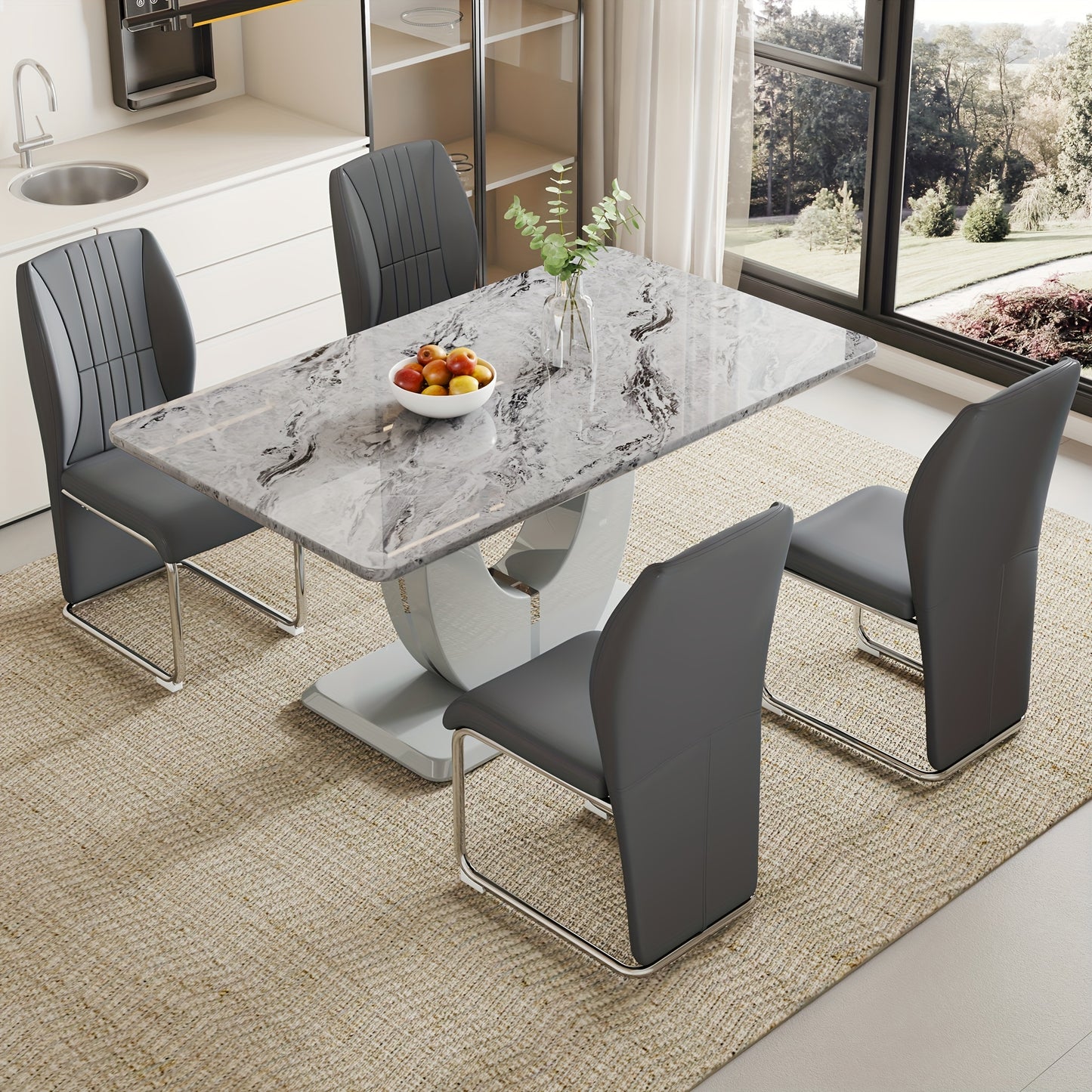 Table And Chair Set, Modern Dining Set Table And 4 Chairs, Grey Faux Marble Dining Table Set For 4, Dining Room Table Set And 4 PU Leather Upholstered Dining Chairs, Large Dinner Table Set.
