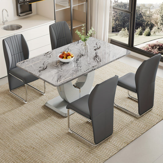 Table And Chair Set, Modern Dining Set Table And 4 Chairs, Grey Faux Marble Dining Table Set For 4, Dining Room Table Set And 4 PU Leather Upholstered Dining Chairs, Large Dinner Table Set.