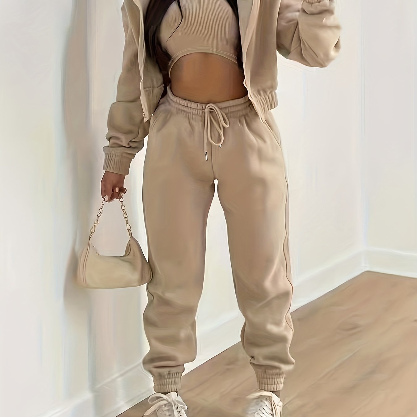 Three-Piece Casual Outfit Set - Zip-Up Hooded Jacket, Sleeveless Crew Neck Tank Top, and Drawstring Elastic Waist Jogger Pants - Comfortable, Versatile, and Stylish Women's Clothing for Everyday Wear
