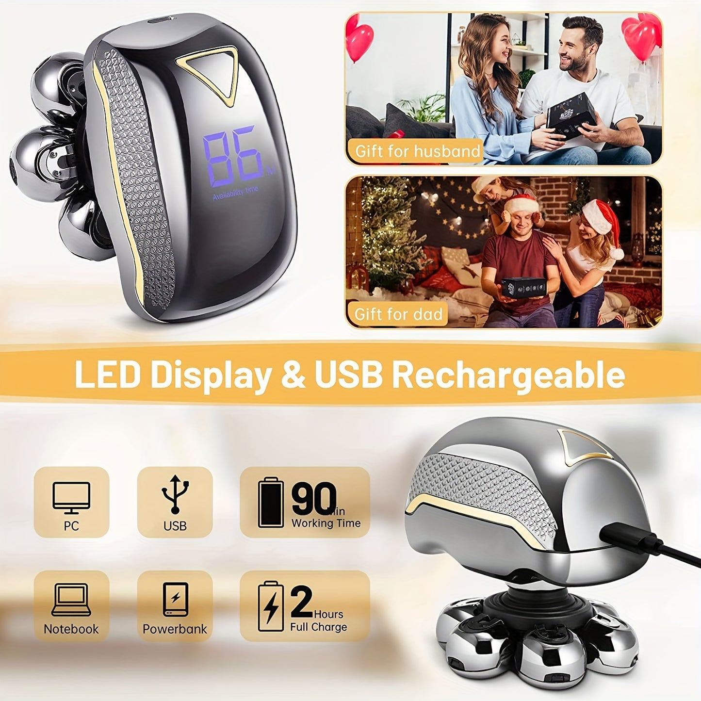 Men'S Electric Head Shaver Razor - Rechargeable Cordless Hair Shaving Razors for Bald Man 6 in 1 Wet Dry Beard Trimmer Body Hair Cutting Clipper Grooming Kit 7 Rotary Heads (Gray) - Power Supply: USB Charging (built-in Batter