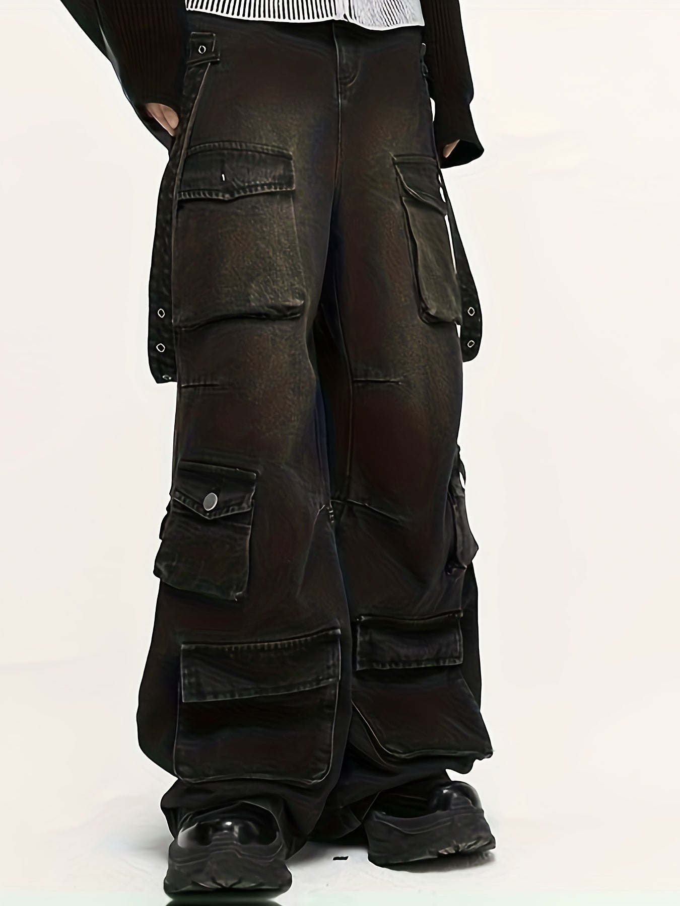 Ins Trendy High Street Retro Vintage Vintage Multi Pocket Workwear Jeans For Men, Heavyweight Washed Spicy Girls, Niche Straight Leg Stacking Pants, Gothic Hip-hop Style Loose And Versatile High Waisted Wide Leg Mop Pants, Wo